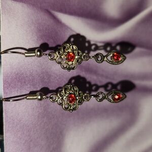 Ruby red filigree antiqued silver tone pierced wire earrings